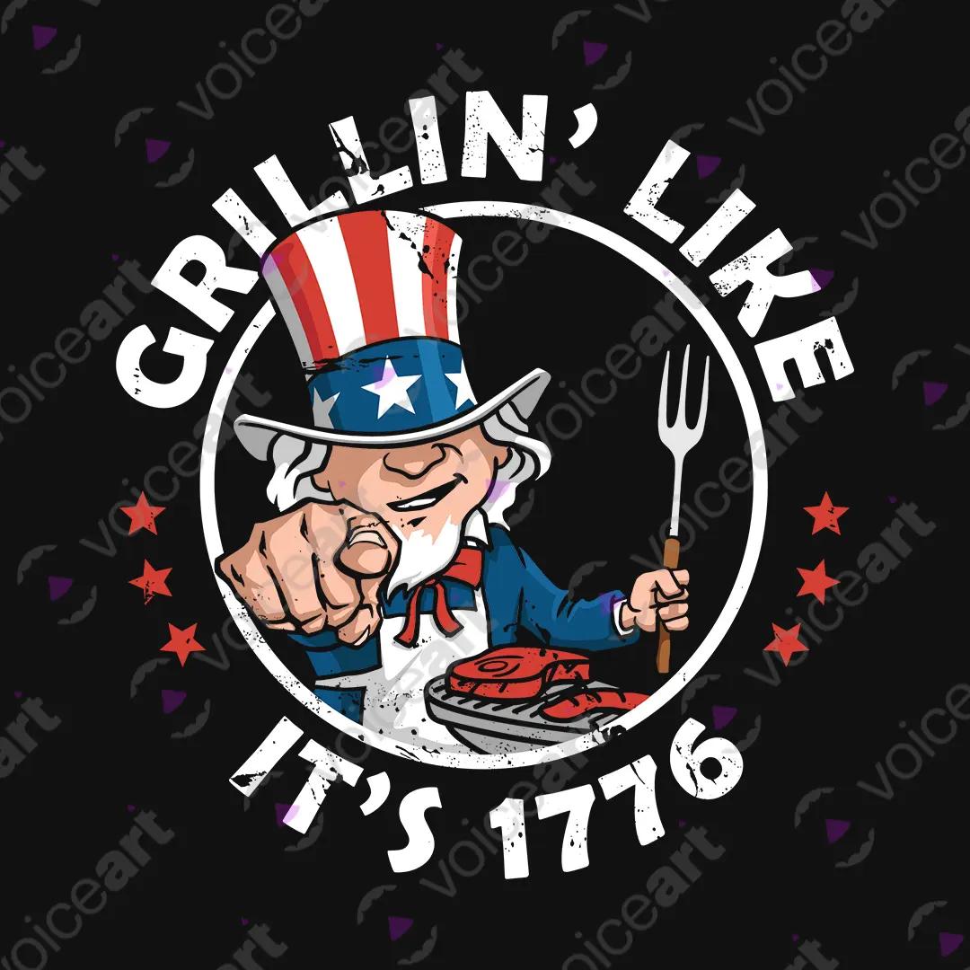 VOICEART Black Watermark Grillin Like Its 1776 Independence Day USA Flag Graphic Tee Short Sleeve T-Shirt Men and Women