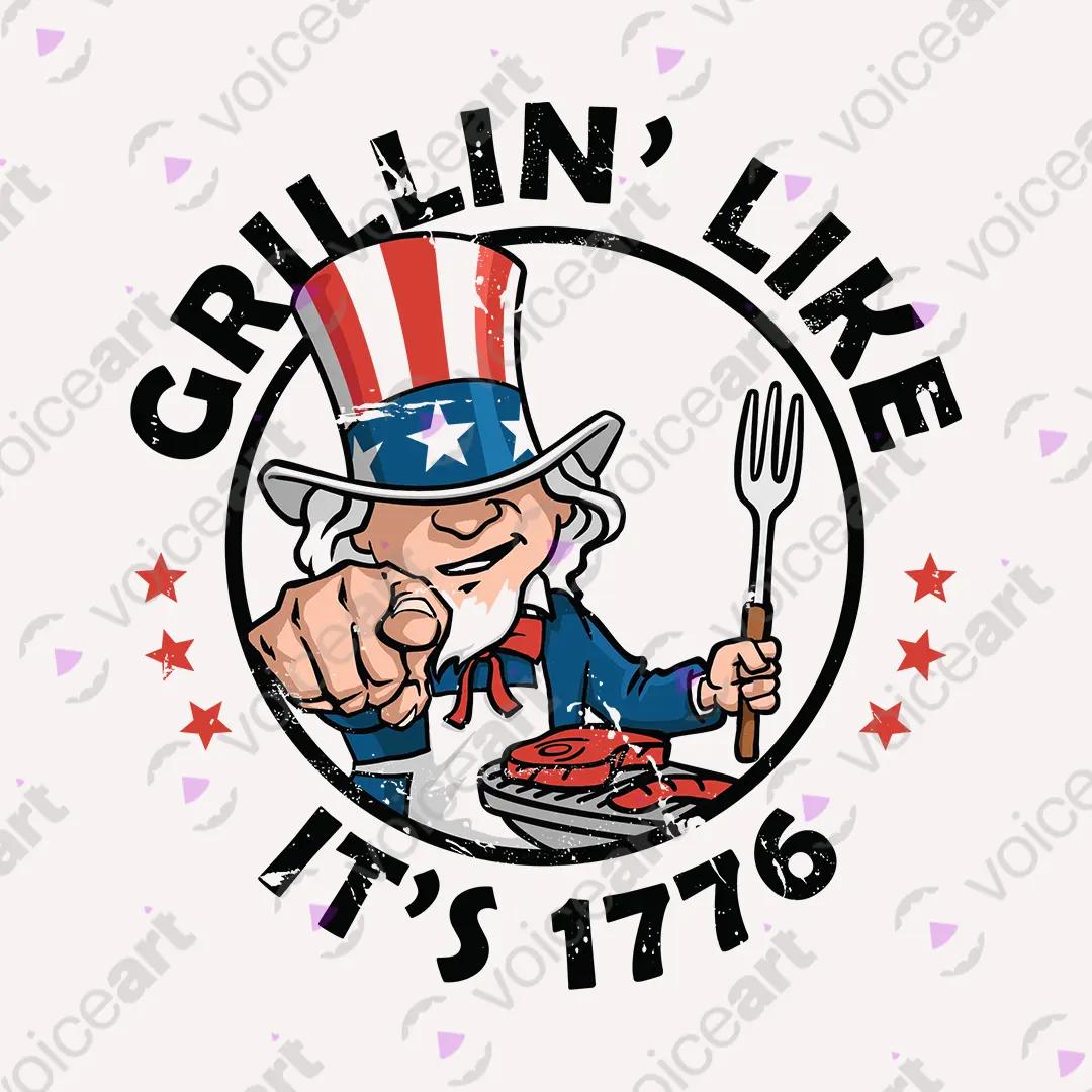 VOICEART White Watermark Grillin Like Its 1776 Independence Day USA Flag Graphic Tee Short Sleeve T-Shirt Men and Women