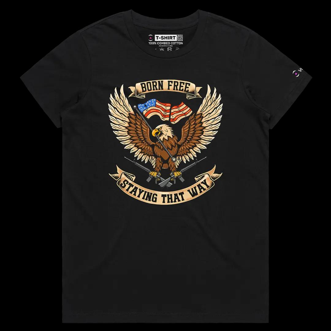 VOICEART Black Female Regular Born Free Staying Free USA Independence Day Graphic Tee Short Cotton T-Shirt for Men and Women