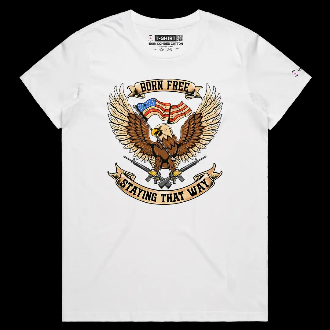 VOICEART White Female Regular Born Free Staying Free USA Independence Day Graphic Tee Short Cotton T-Shirt for Men and Women