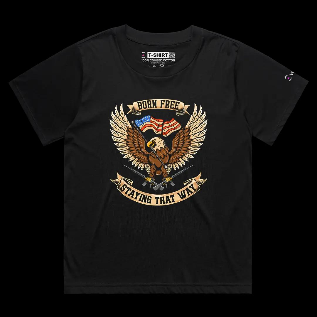 VOICEART Black Female Loose Born Free Staying Free USA Independence Day Graphic Tee Short Cotton T-Shirt for Men and Women