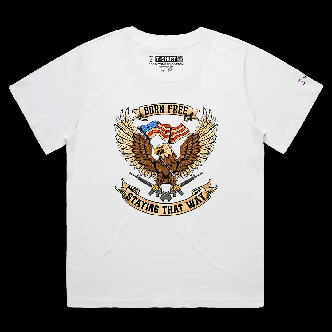 VOICEART White Female Loose Born Free Staying Free USA Independence Day Graphic Tee Short Cotton T-Shirt for Men and Women
