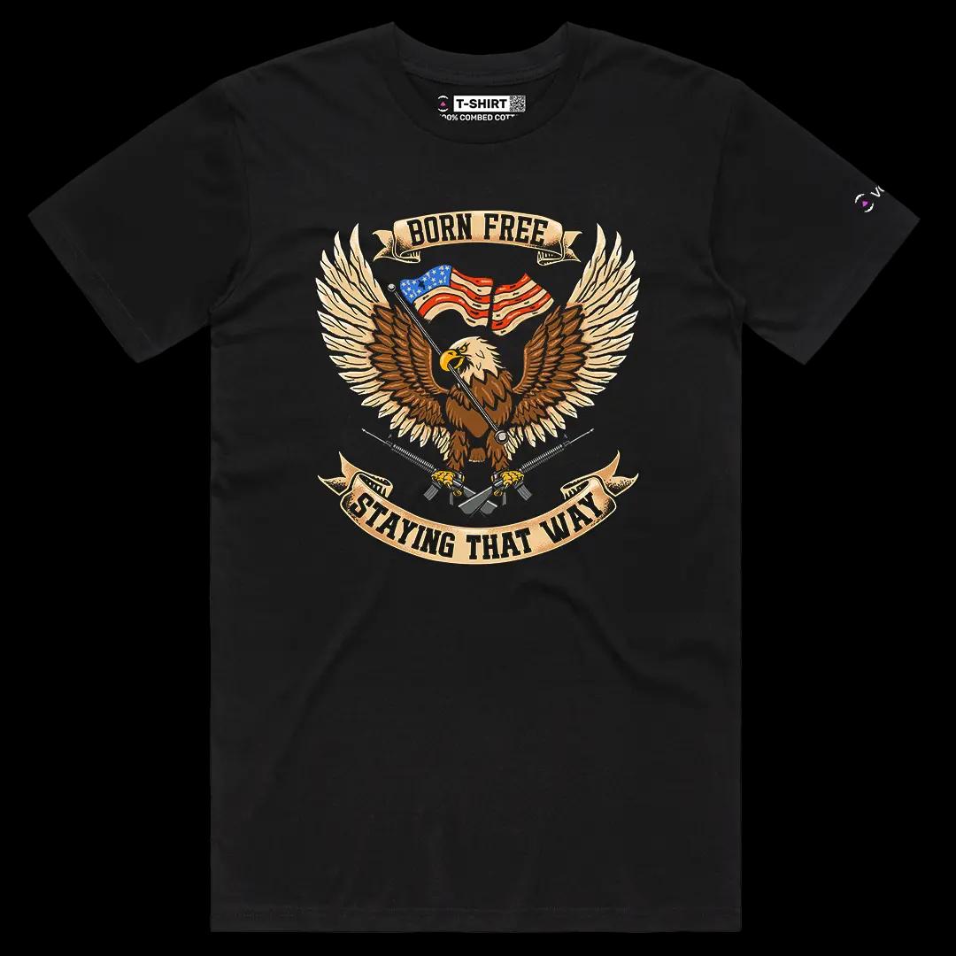 VOICEART Black Male Regular Born Free Staying Free USA Independence Day Graphic Tee Short Cotton T-Shirt for Men and Women