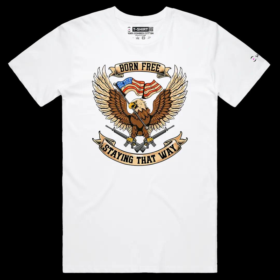 VOICEART White Male Regular Born Free Staying Free USA Independence Day Graphic Tee Short Cotton T-Shirt for Men and Women