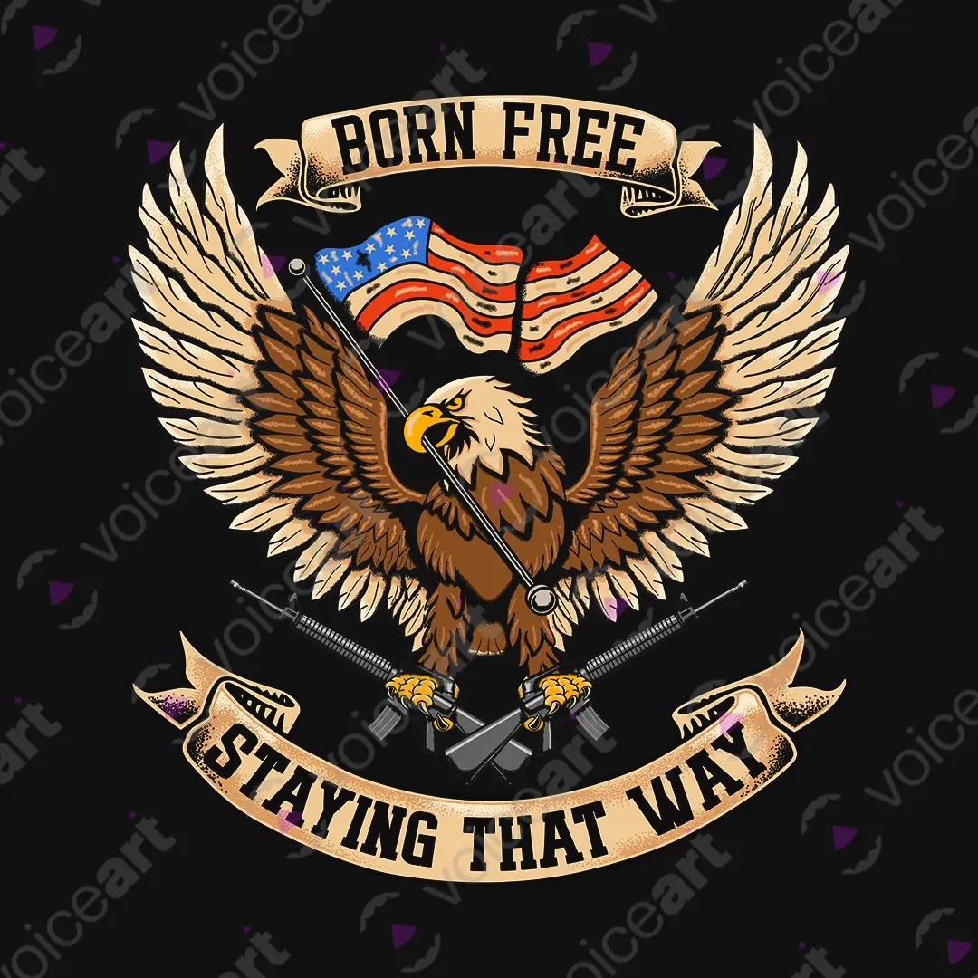 VOICEART Black Watermark Born Free Staying Free USA Independence Day Graphic Tee Short Cotton T-Shirt for Men and Women