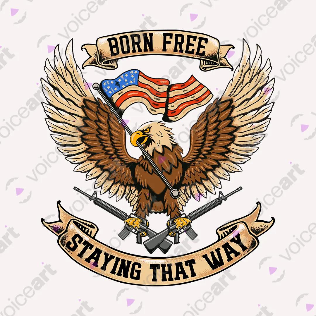 VOICEART White Watermark Born Free Staying Free USA Independence Day Graphic Tee Short Cotton T-Shirt for Men and Women