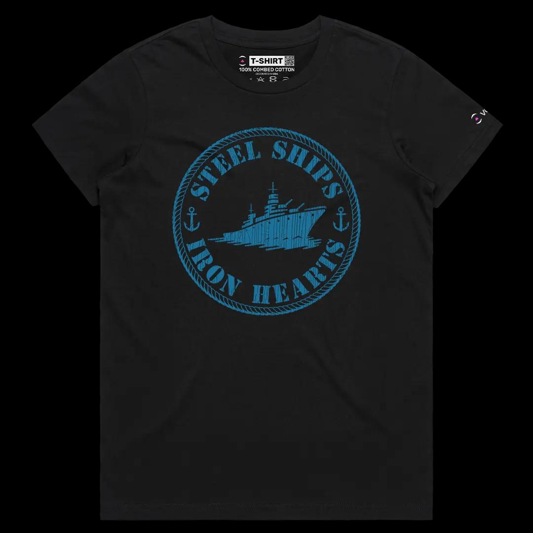 VOICEART Black Female Regular Steel Ships Patriotic Graphic Tee for USA Holidays Short Sleeve Cotton Shirt for Men and Women