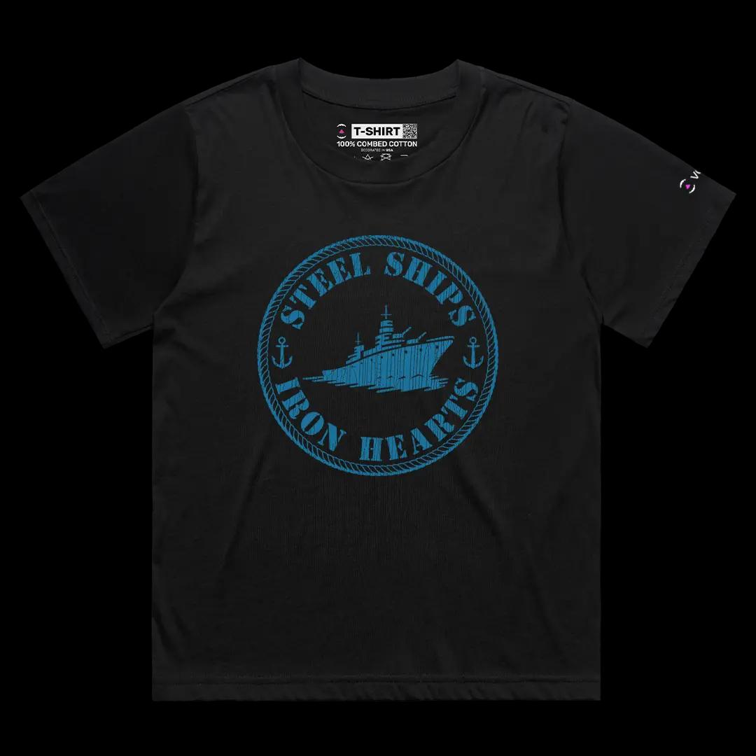 VOICEART Black Female Loose Steel Ships Patriotic Graphic Tee for USA Holidays Short Sleeve Cotton Shirt for Men and Women