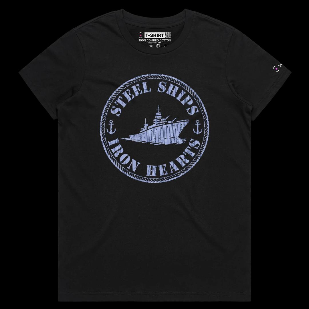 VOICEART Black Female Regular Steel Ships Patriotic Graphic Tee for USA Holidays Short Sleeve Cotton Shirt for Men and Women