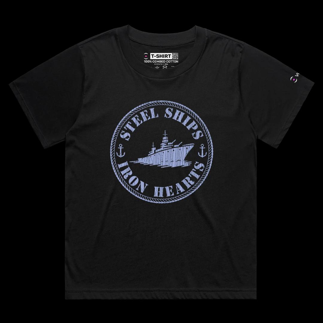 VOICEART Black Female Loose Steel Ships Patriotic Graphic Tee for USA Holidays Short Sleeve Cotton Shirt for Men and Women