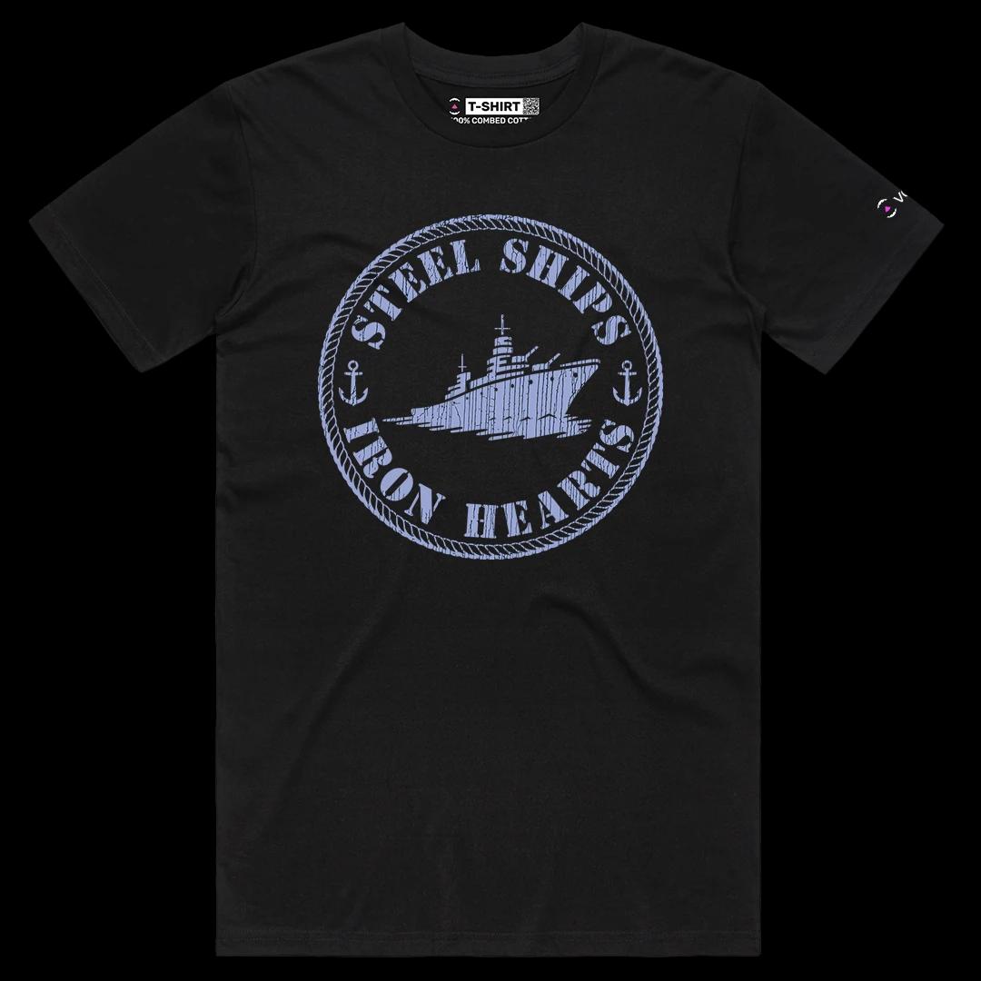 VOICEART Black Male Regular Steel Ships Patriotic Graphic Tee for USA Holidays Short Sleeve Cotton Shirt for Men and Women