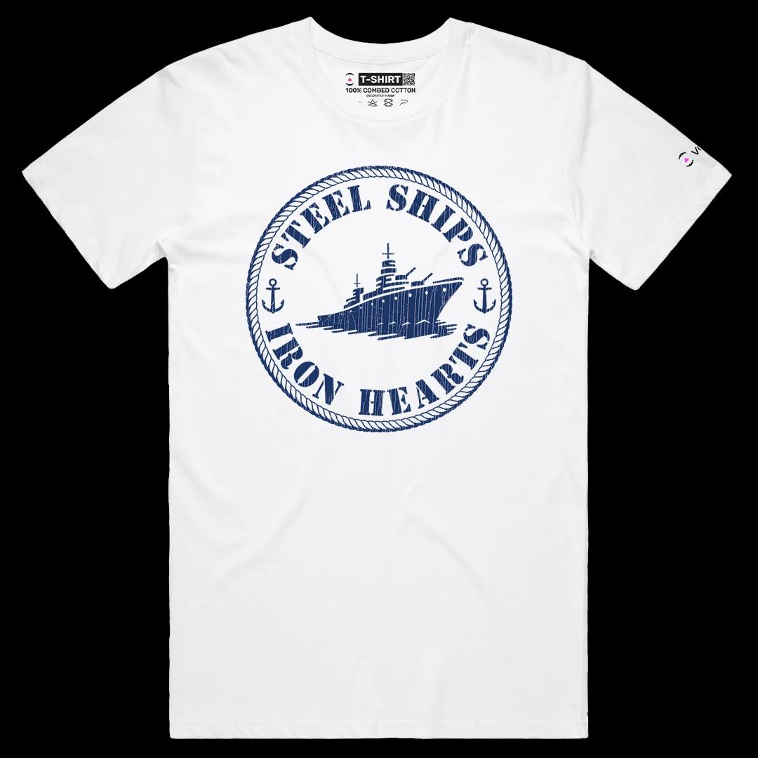 VOICEART White Male Regular Steel Ships Patriotic Graphic Tee for USA Holidays Short Sleeve Cotton Shirt for Men and Women