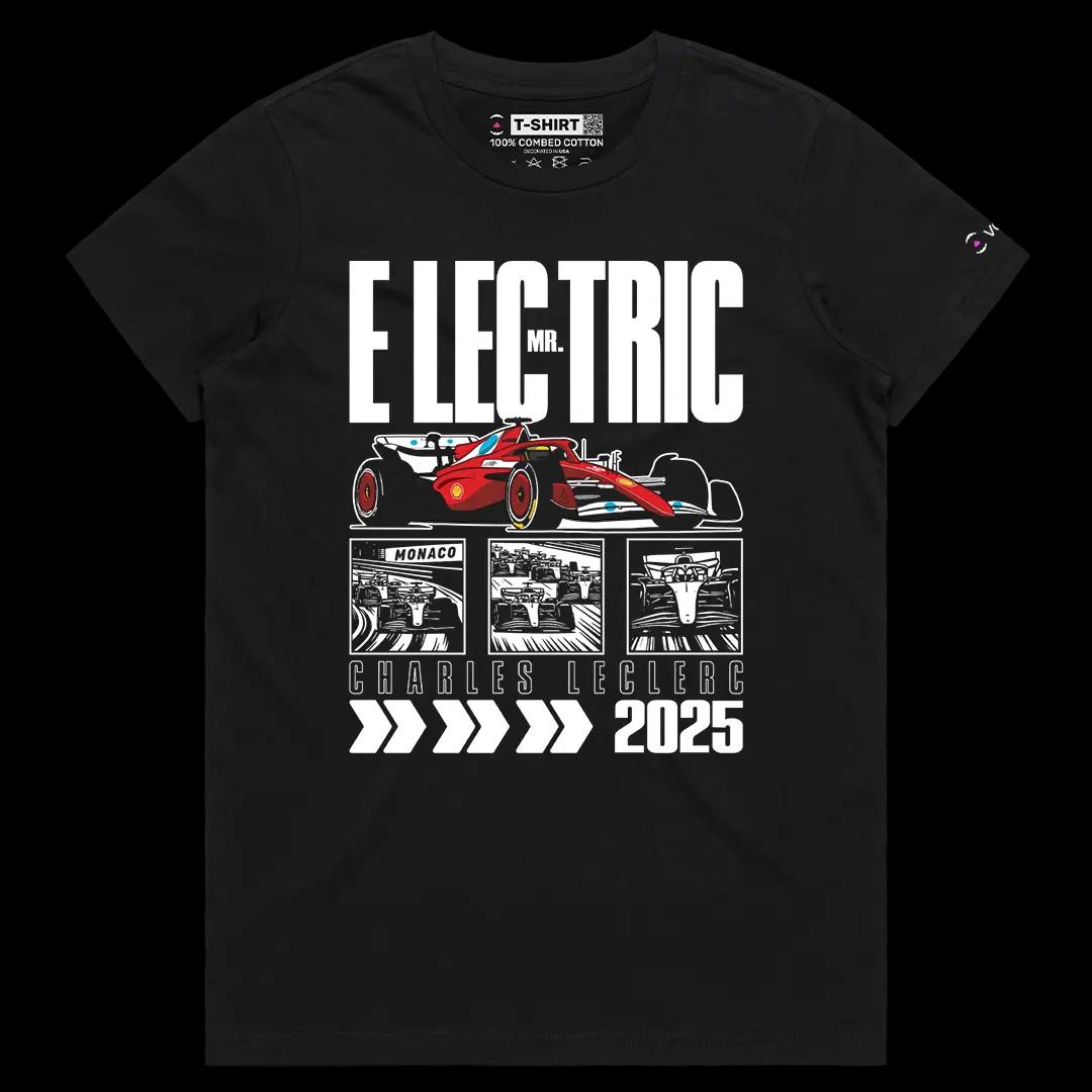 VOICEART Black Female Regular Charles Mr Electric Sport Graphic Tee for Formula Racing Fans Short T-Shirt for Men and Women
