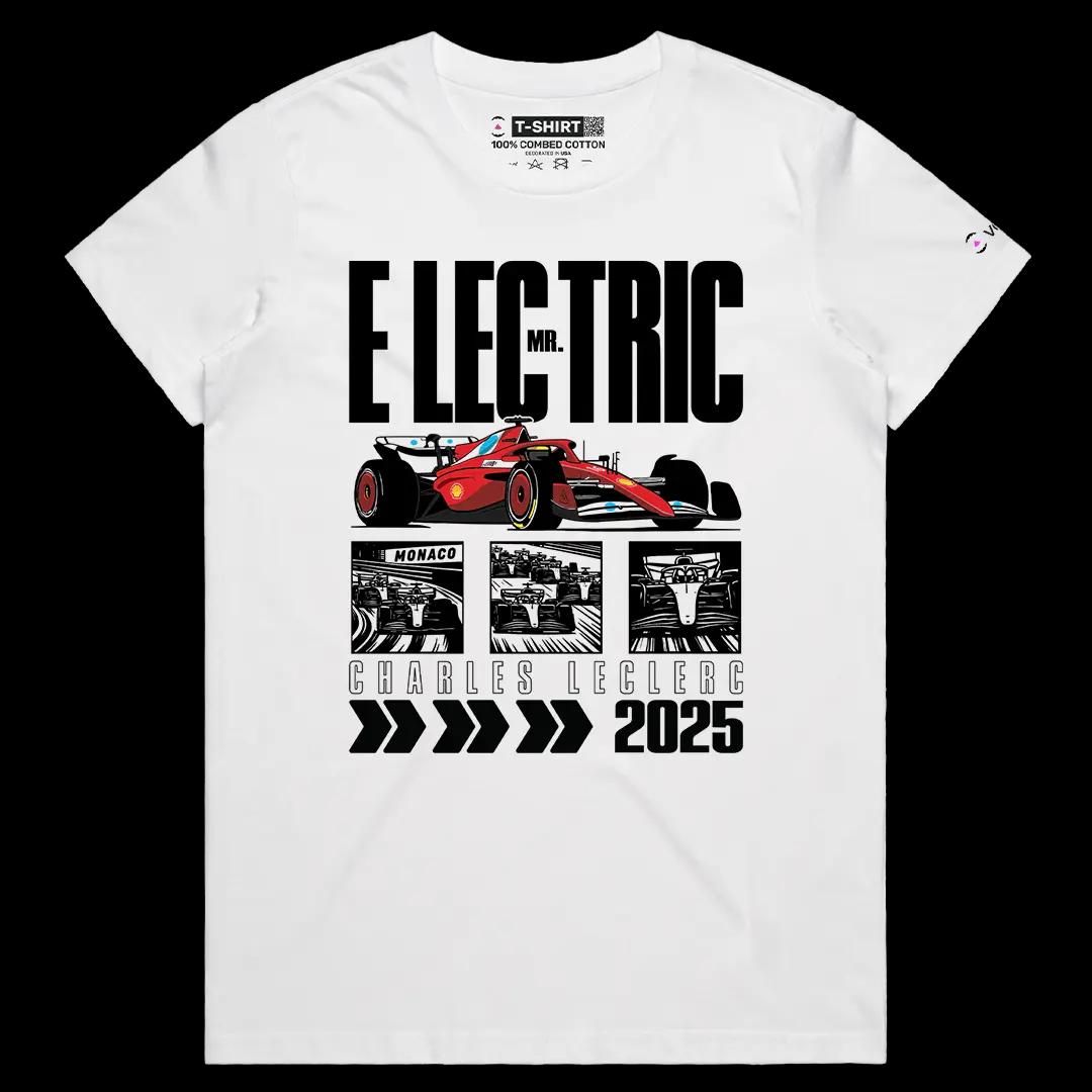 VOICEART White Female Regular Charles Mr Electric Sport Graphic Tee for Formula Racing Fans Short T-Shirt for Men and Women