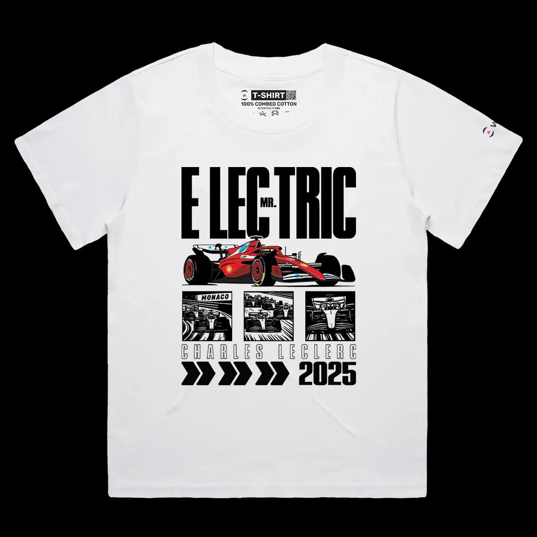 VOICEART White Female Loose Charles Mr Electric Sport Graphic Tee for Formula Racing Fans Short T-Shirt for Men and Women