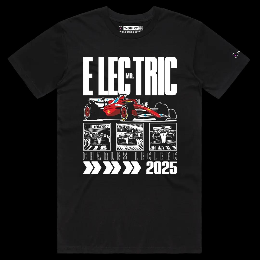 VOICEART Black Male Regular Charles Mr Electric Sport Graphic Tee for Formula Racing Fans Short T-Shirt for Men and Women