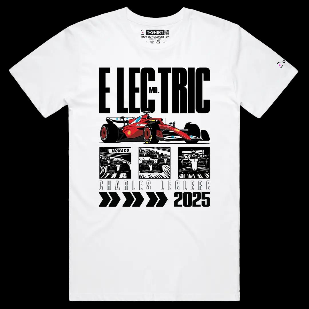 VOICEART White Male Regular Charles Mr Electric Sport Graphic Tee for Formula Racing Fans Short T-Shirt for Men and Women