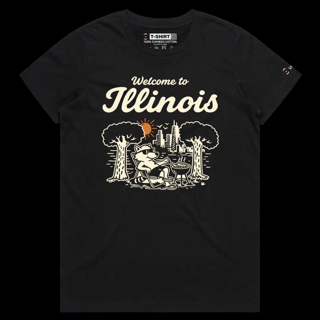 VOICEART Black Female Regular Welcome To Illinois Lifestyle Graphic Tee Chicago City Short Cotton T-Shirt for Men and Women