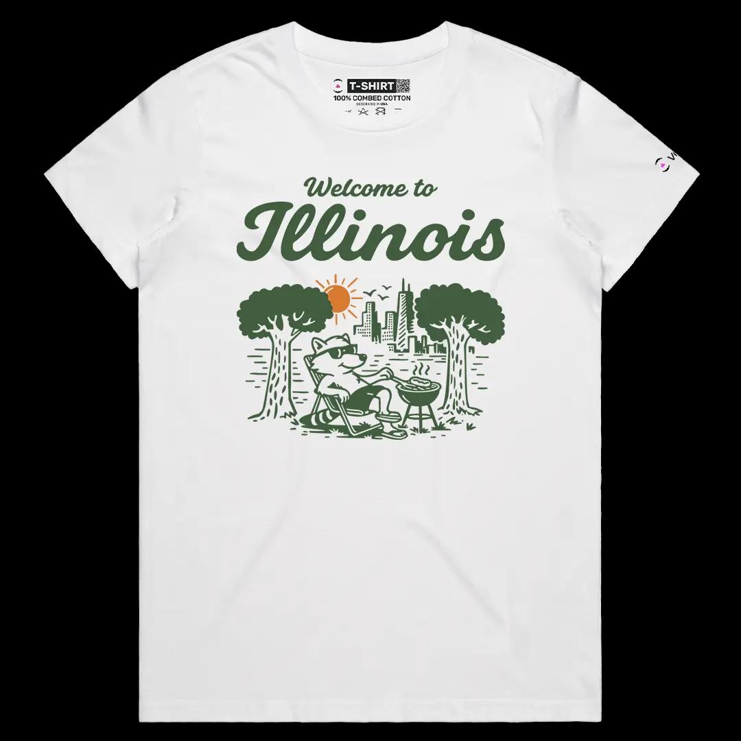 VOICEART White Female Regular Welcome To Illinois Lifestyle Graphic Tee Chicago City Short Cotton T-Shirt for Men and Women