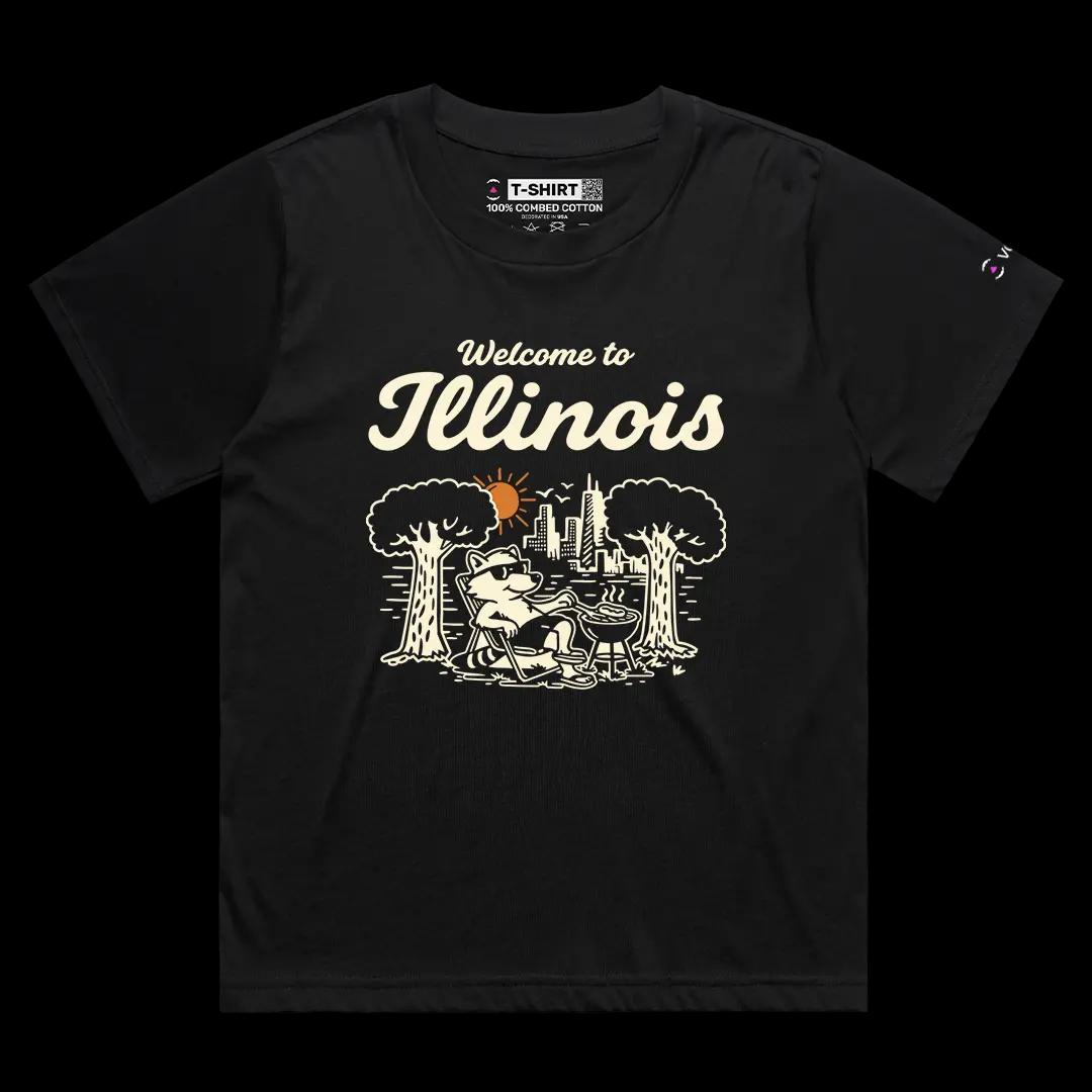 VOICEART Black Female Loose Welcome To Illinois Lifestyle Graphic Tee Chicago City Short Cotton T-Shirt for Men and Women