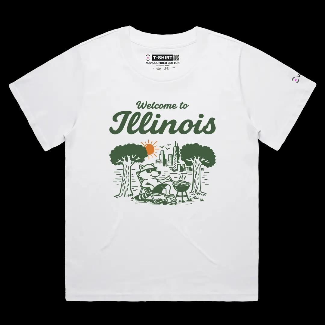 VOICEART White Female Loose Welcome To Illinois Lifestyle Graphic Tee Chicago City Short Cotton T-Shirt for Men and Women