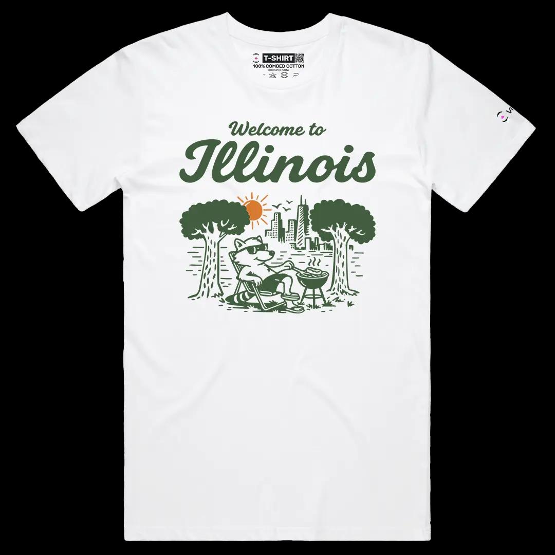 VOICEART White Male Regular Welcome To Illinois Lifestyle Graphic Tee Chicago City Short Cotton T-Shirt for Men and Women