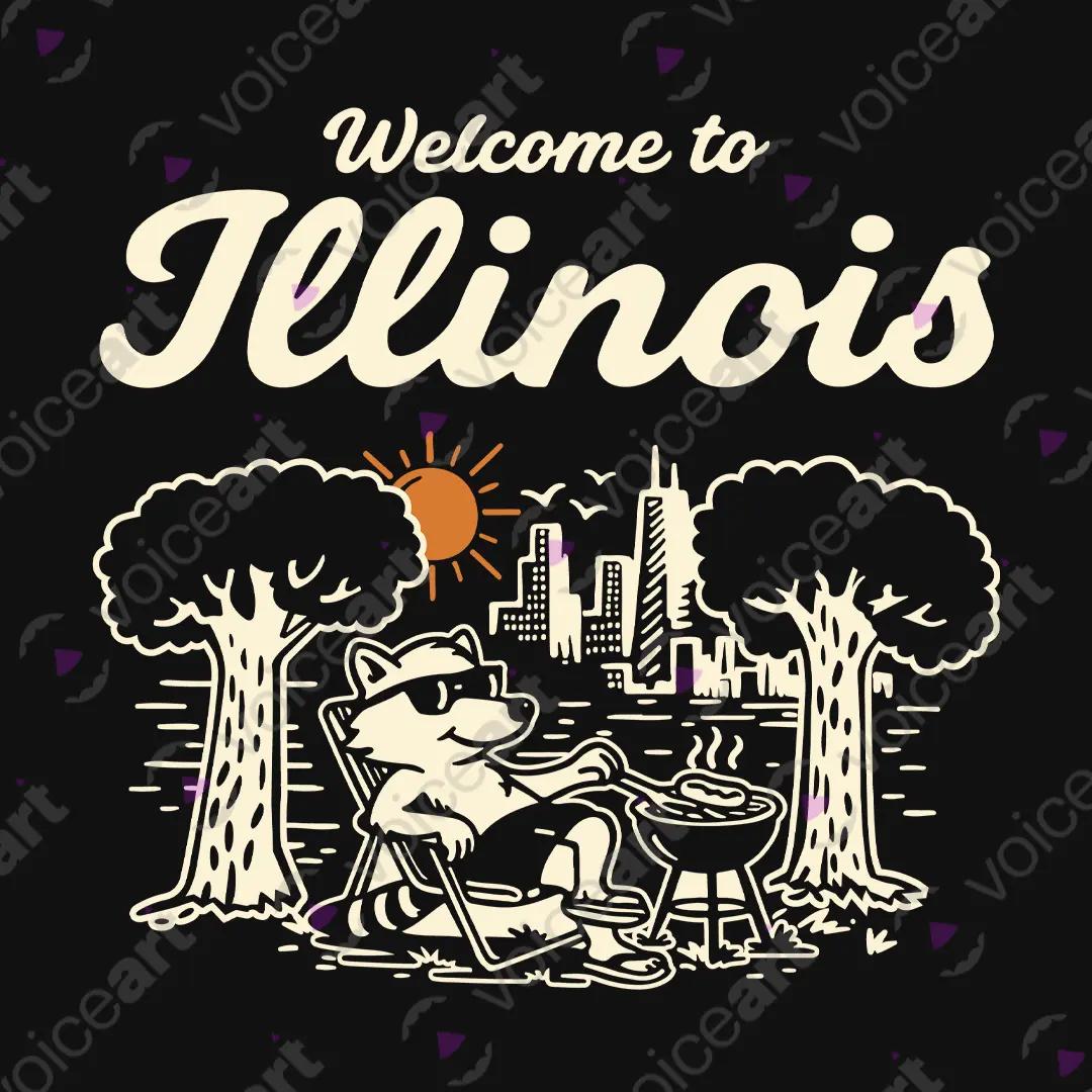 VOICEART Black Watermark Welcome To Illinois Lifestyle Graphic Tee Chicago City Short Cotton T-Shirt for Men and Women