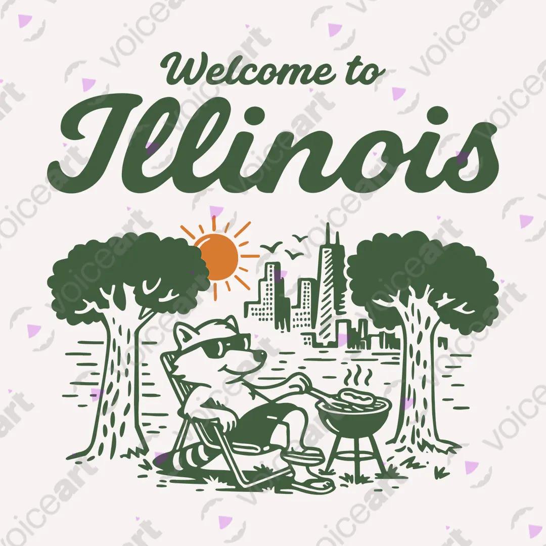 VOICEART White Watermark Welcome To Illinois Lifestyle Graphic Tee Chicago City Short Cotton T-Shirt for Men and Women