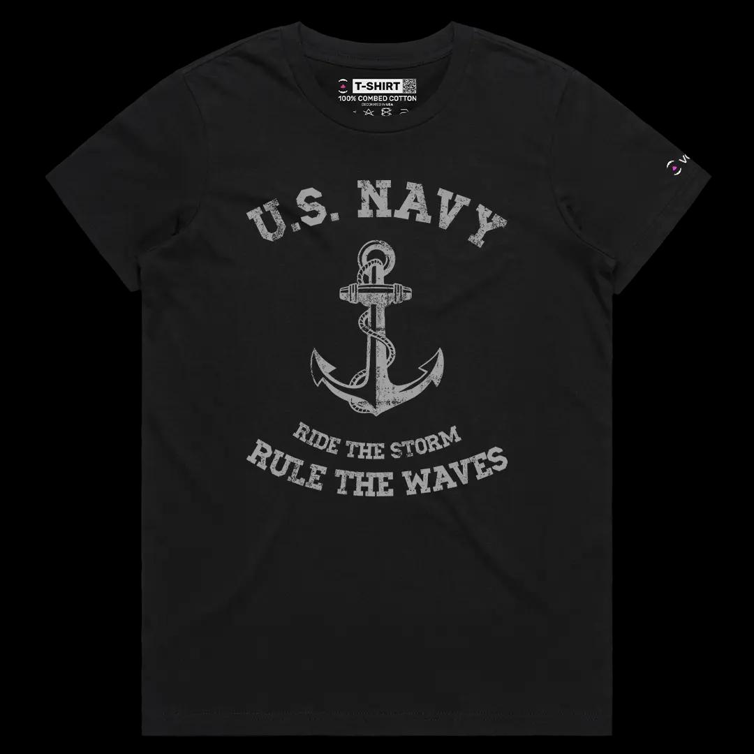 VOICEART Black Female Regular Rule the Waves Patriotic Graphic Tee for Holidays Short Sleeve Cotton T-Shirt for Men and Women