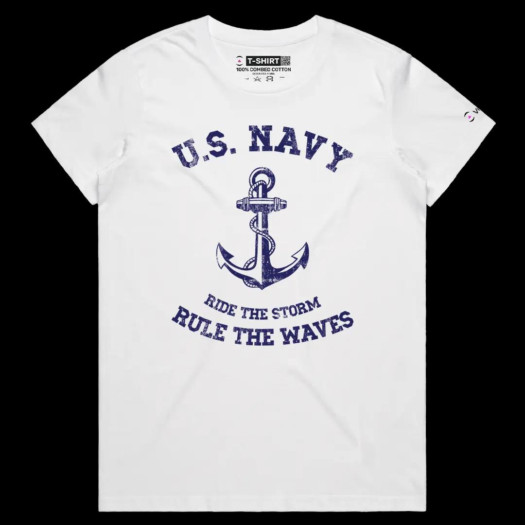 VOICEART White Female Regular Rule the Waves Patriotic Graphic Tee for Holidays Short Sleeve Cotton T-Shirt for Men and Women