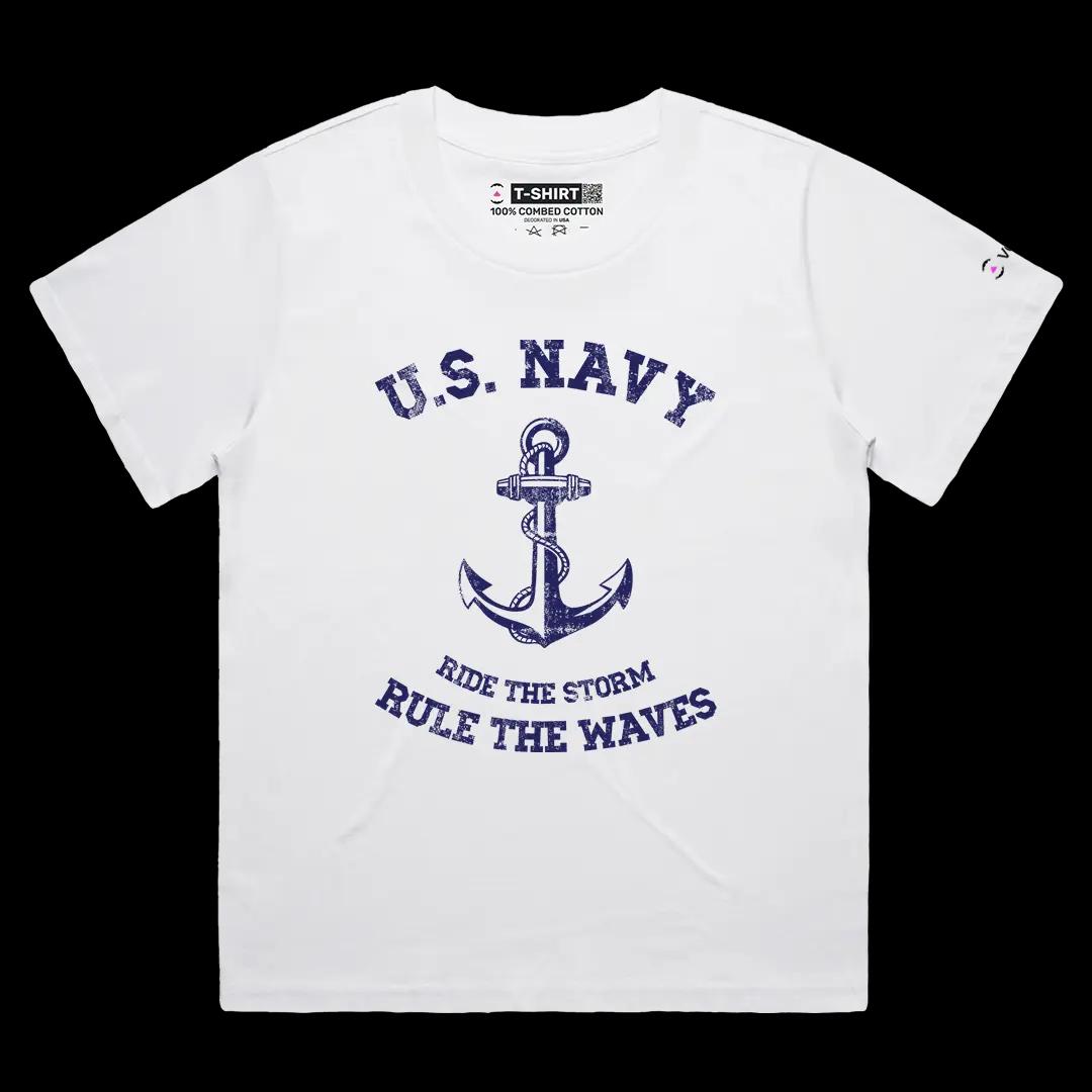 VOICEART White Female Loose Rule the Waves Patriotic Graphic Tee for Holidays Short Sleeve Cotton T-Shirt for Men and Women