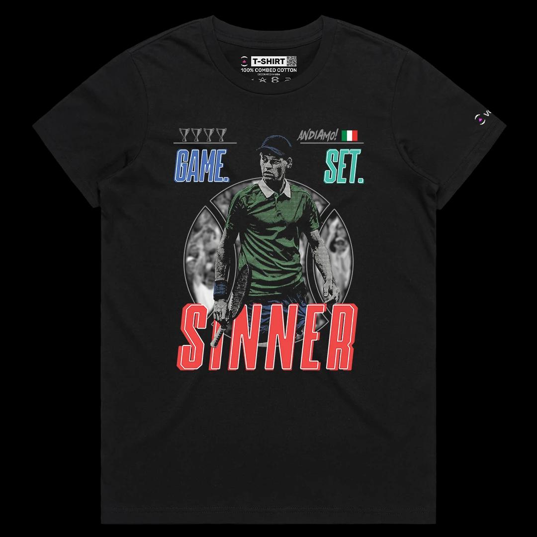 VOICEART Black Female Regular First Racket of Italy Sports Graphic Tee for Tennis Fans Short Sleeve T-Shirt for Men and Women