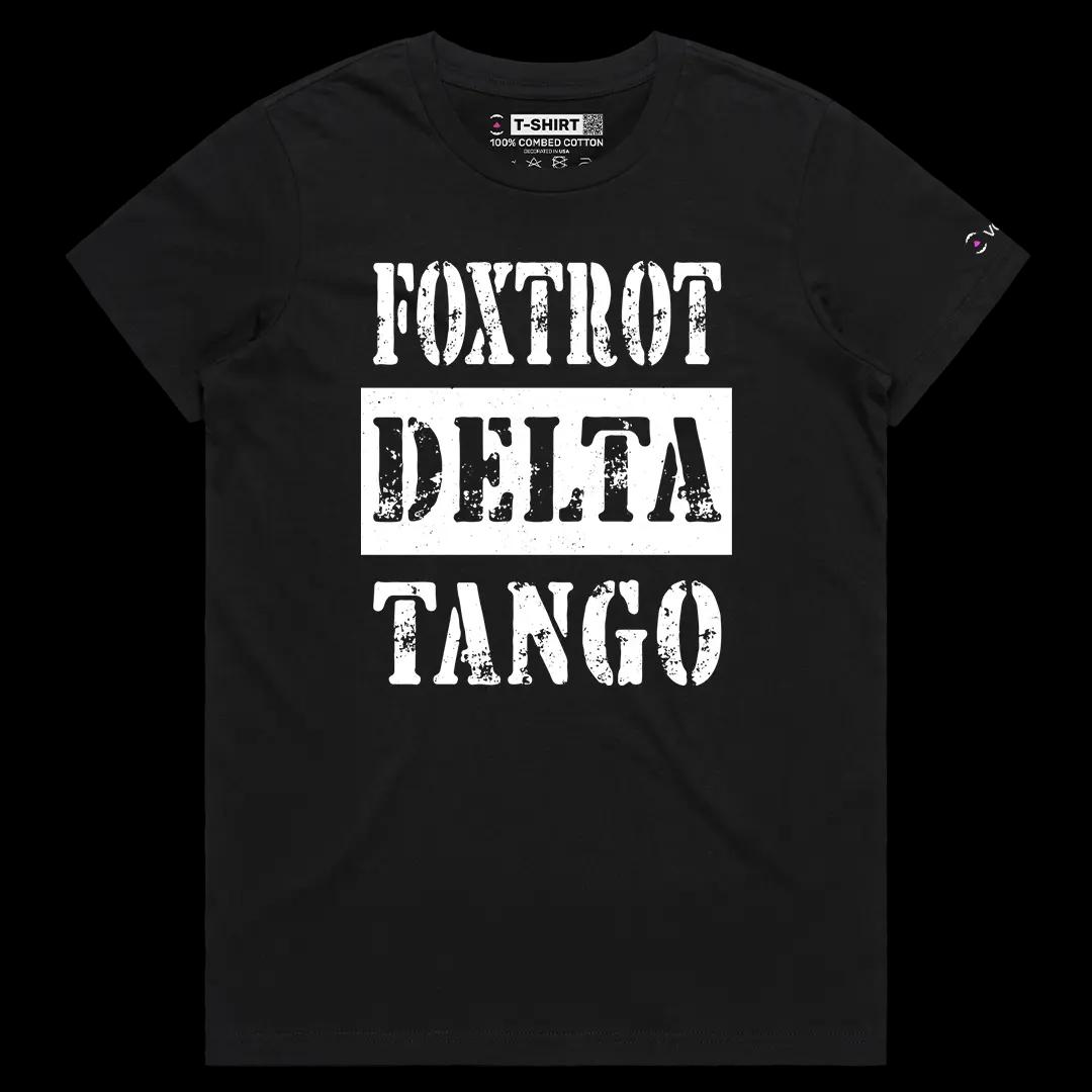 VOICEART Black Female Regular Foxtrot Delta Tango Funny Graphic Trump Tee Short Sleeve Cotton T-Shirt for Men and Women