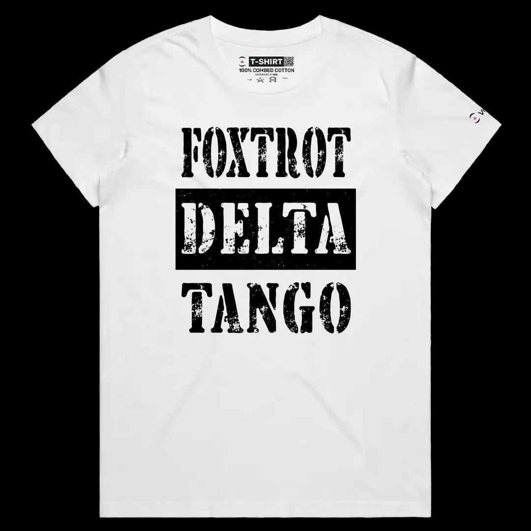VOICEART White Female Regular Foxtrot Delta Tango Funny Graphic Trump Tee Short Sleeve Cotton T-Shirt for Men and Women