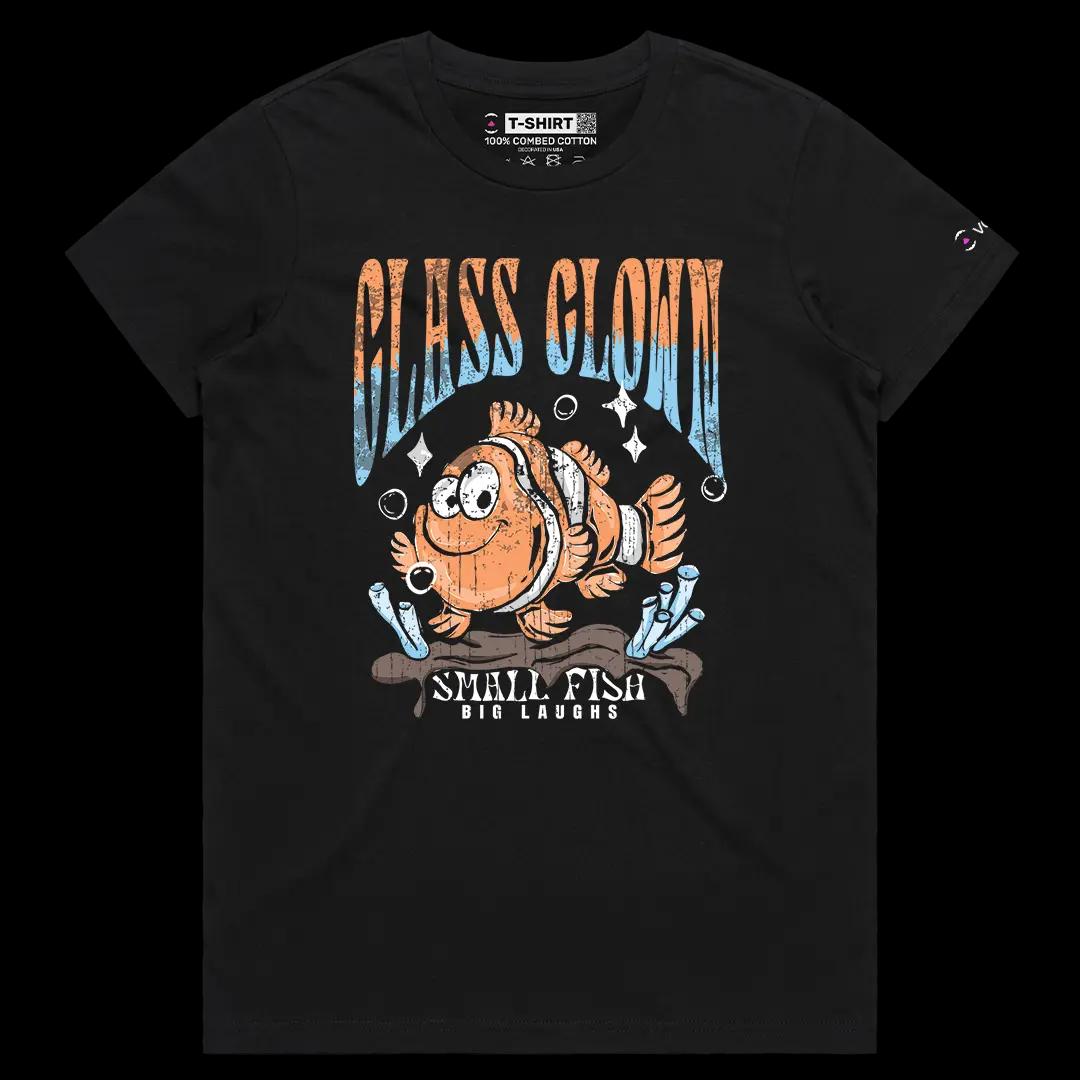 VOICEART Black Female Regular Small Fish Big Laughs Funny Animals Graphic Tee Short Sleeve Cotton T-Shirts for Men and Women