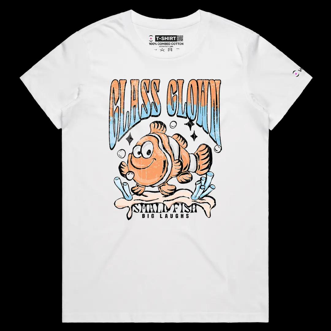 VOICEART White Female Regular Small Fish Big Laughs Funny Animals Graphic Tee Short Sleeve Cotton T-Shirts for Men and Women