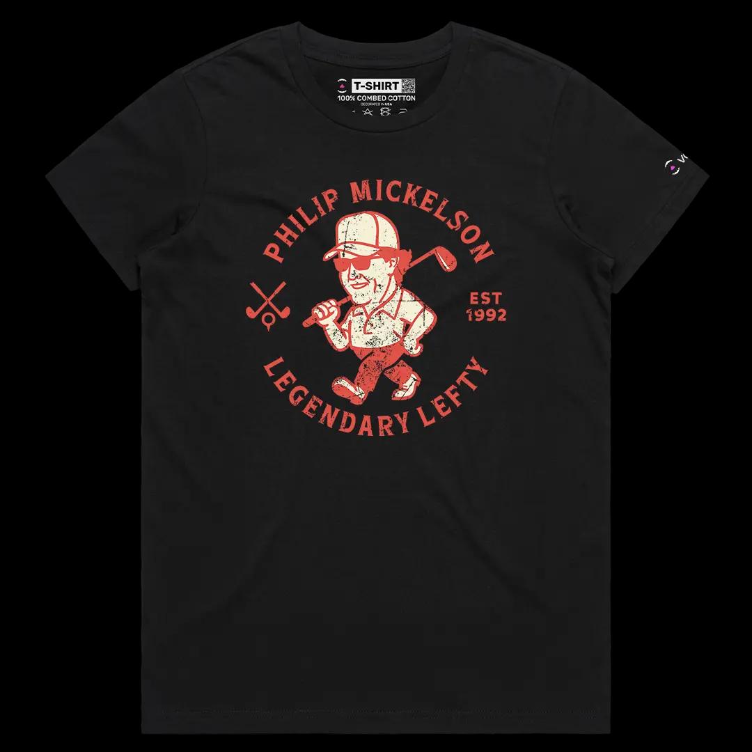 VOICEART Black Female Regular Mickelson Legendary Lefty Sports Graphic Tee for Golf Fans Short Sleeve Shirt for Men and Women