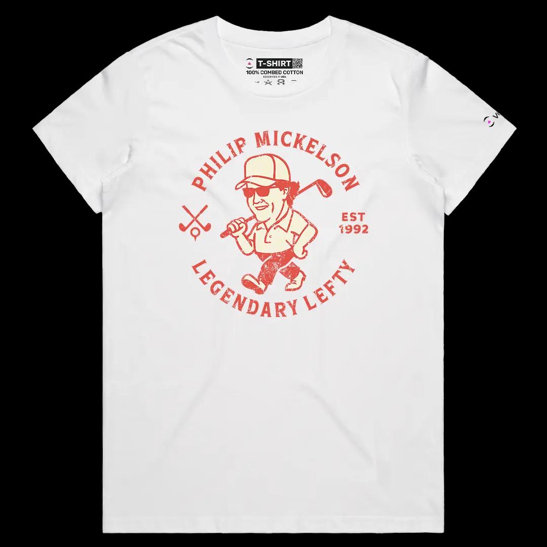 VOICEART White Female Regular Mickelson Legendary Lefty Sports Graphic Tee for Golf Fans Short Sleeve Shirt for Men and Women