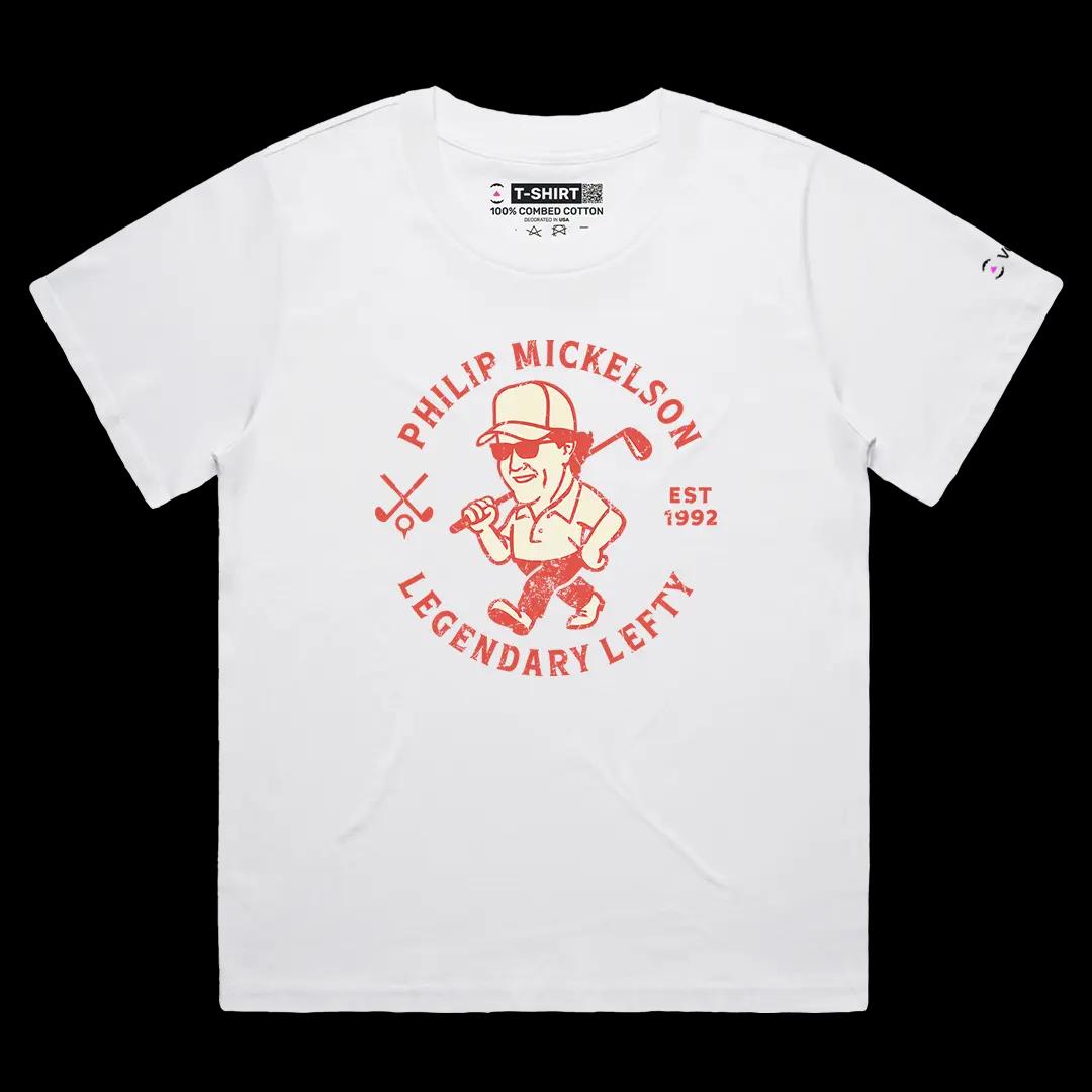 VOICEART White Female Loose Mickelson Legendary Lefty Sports Graphic Tee for Golf Fans Short Sleeve Shirt for Men and Women