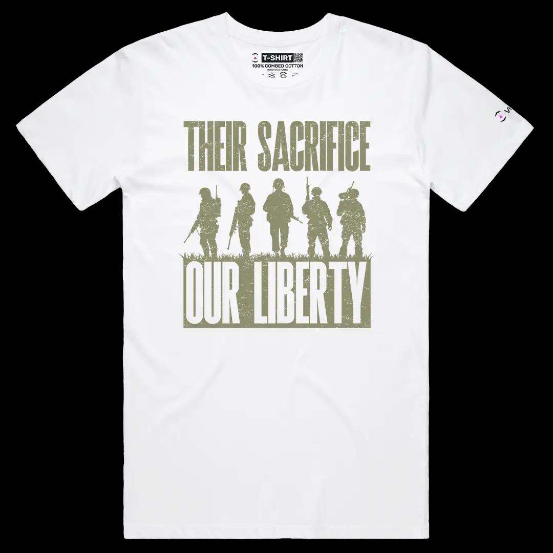 VOICEART White Male Regular Liberty & Sacrifice Patriotic Graphic Tee for Memorial Day Short Sleeve Shirt for Men and Women