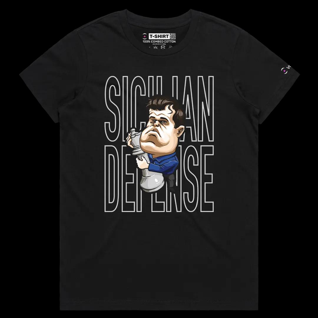 VOICEART Black Female Regular Carlsen Sicilian Defense Sports Graphic Tee for Chess Fans Short Sleeve Shirt for Men and Women