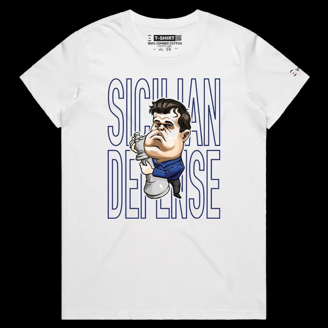 VOICEART White Female Regular Carlsen Sicilian Defense Sports Graphic Tee for Chess Fans Short Sleeve Shirt for Men and Women