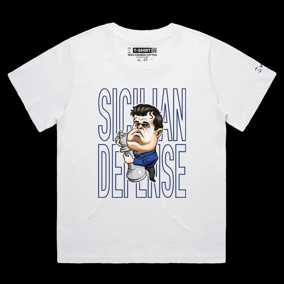 VOICEART White Female Loose Carlsen Sicilian Defense Sports Graphic Tee for Chess Fans Short Sleeve Shirt for Men and Women