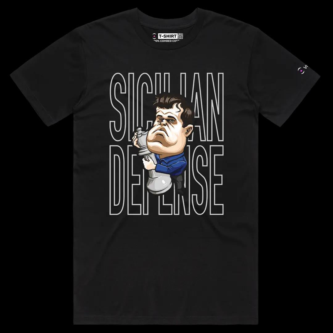 VOICEART Black Male Regular Carlsen Sicilian Defense Sports Graphic Tee for Chess Fans Short Sleeve Shirt for Men and Women