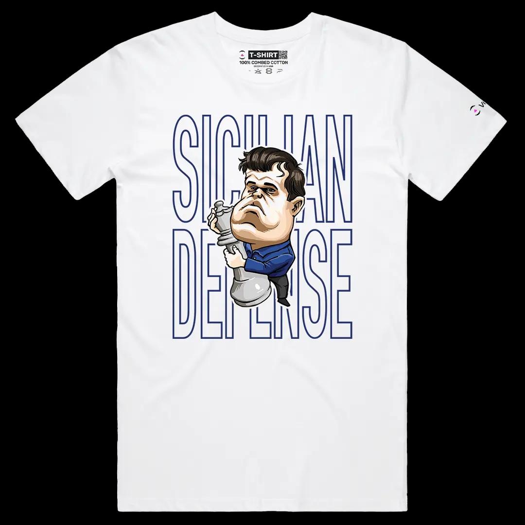 VOICEART White Male Regular Carlsen Sicilian Defense Sports Graphic Tee for Chess Fans Short Sleeve Shirt for Men and Women