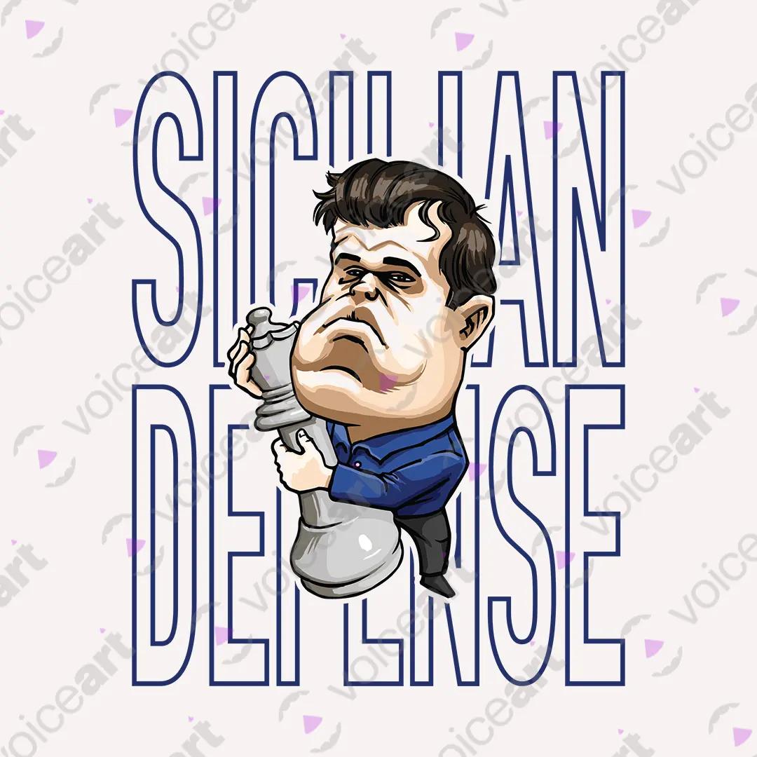 VOICEART White Watermark Carlsen Sicilian Defense Sports Graphic Tee for Chess Fans Short Sleeve Shirt for Men and Women