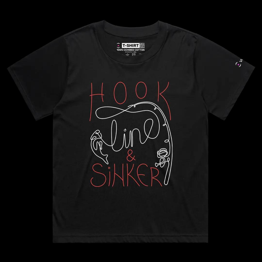 VOICEART Black Female Loose Hook Line & Sinker Funny Graphic Tee for Fishermans Short Sleeve T-Shirt for Men and Women