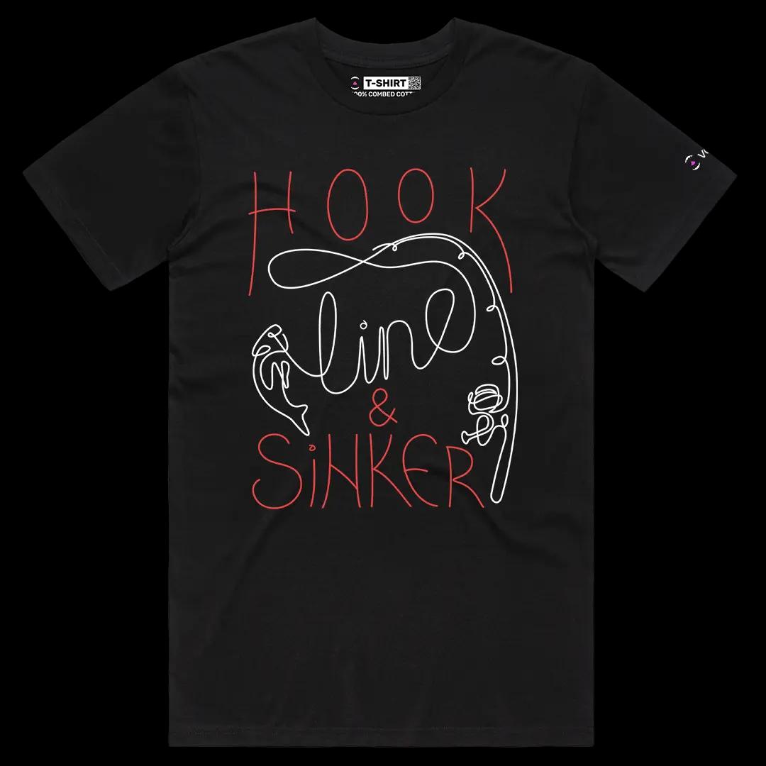 VOICEART Black Male Regular Hook Line & Sinker Funny Graphic Tee for Fishermans Short Sleeve T-Shirt for Men and Women