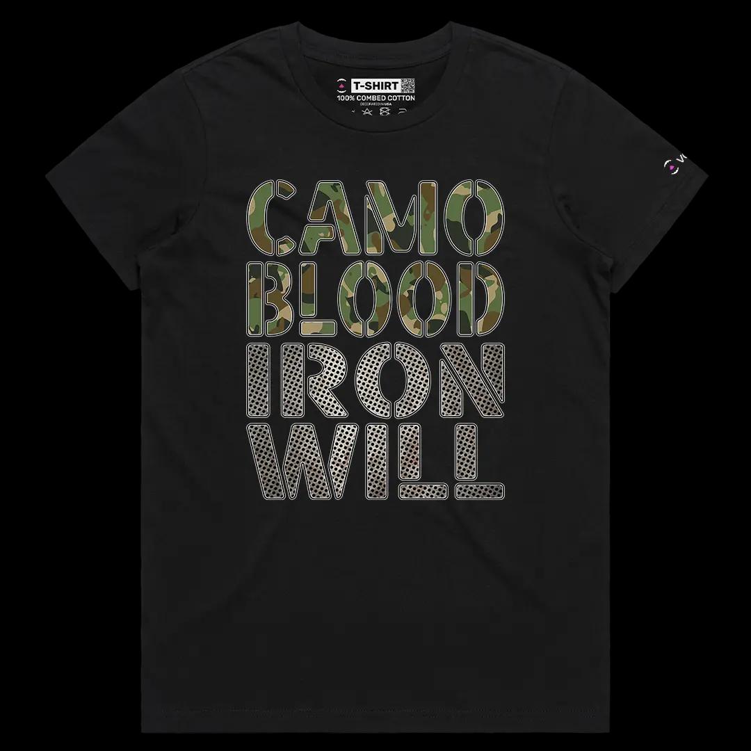 VOICEART Black Female Regular Iron Will Army Tribute Graphic Tee for Holidays Short Sleeve Cotton T-Shirt for Men and Women