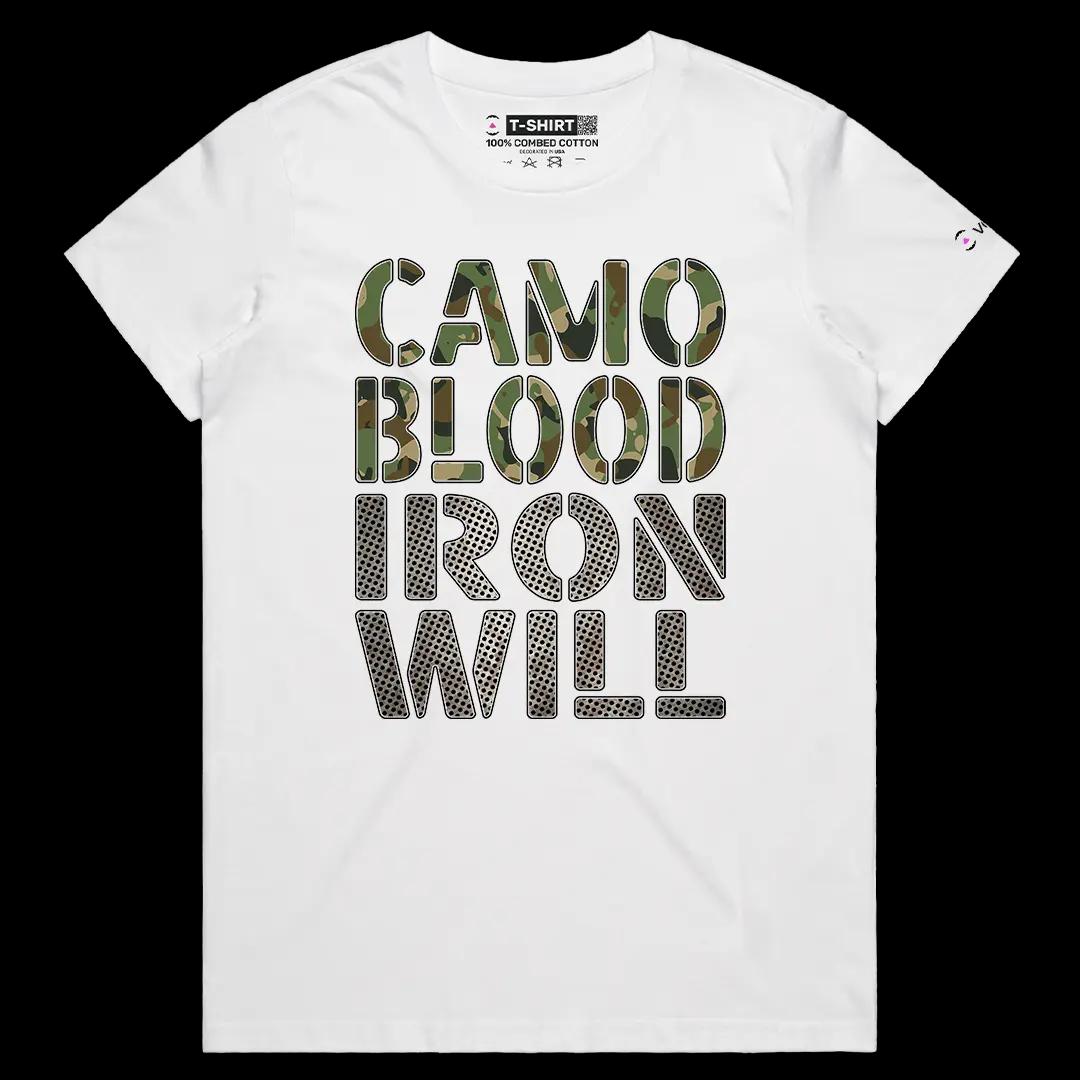 VOICEART White Female Regular Iron Will Army Tribute Graphic Tee for Holidays Short Sleeve Cotton T-Shirt for Men and Women